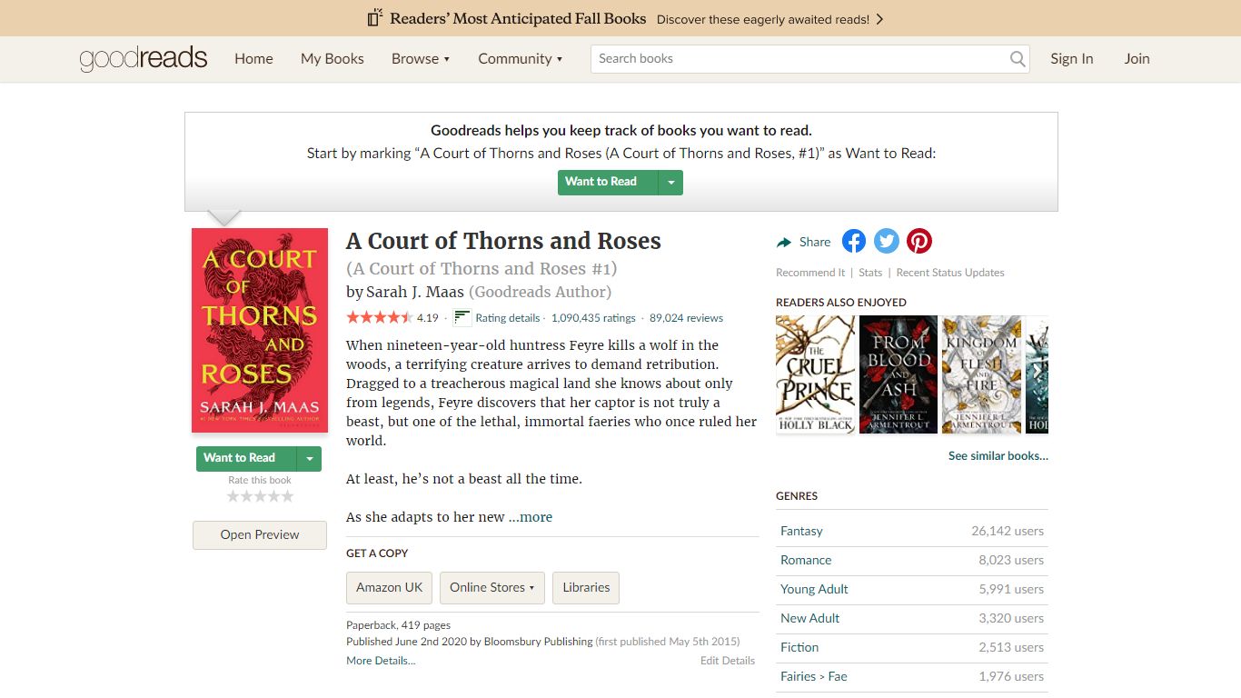 A Court of Thorns and Roses by Sarah J. Maas - Goodreads